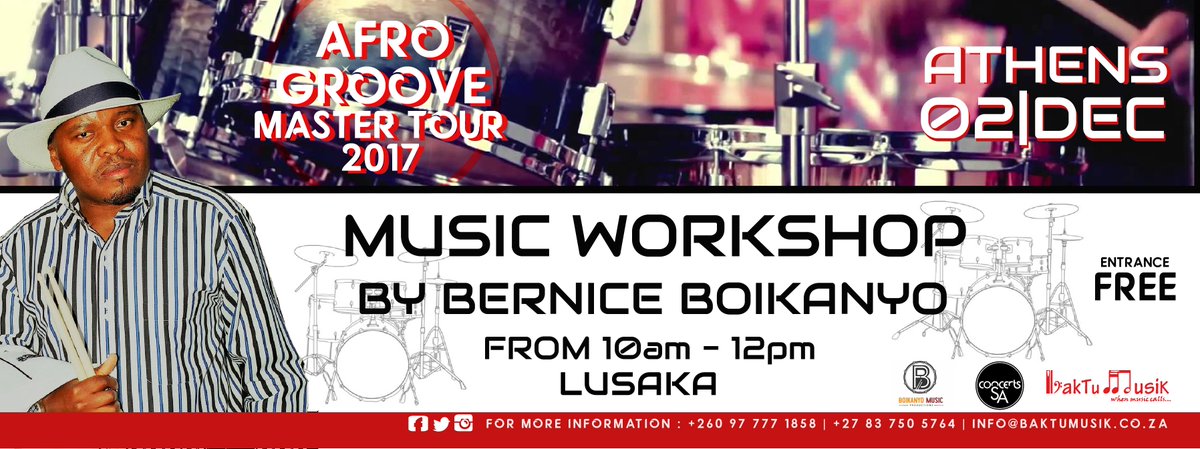 BakTuMusik's tweet photo. @BerniceBoikanyo's #AfroGrooveMasterTour2017 ends in Zambia with workshops @ConcertsSA @tumzapg @JdsolM @MumbaYachi https://t.co/hcX0vs2HiD