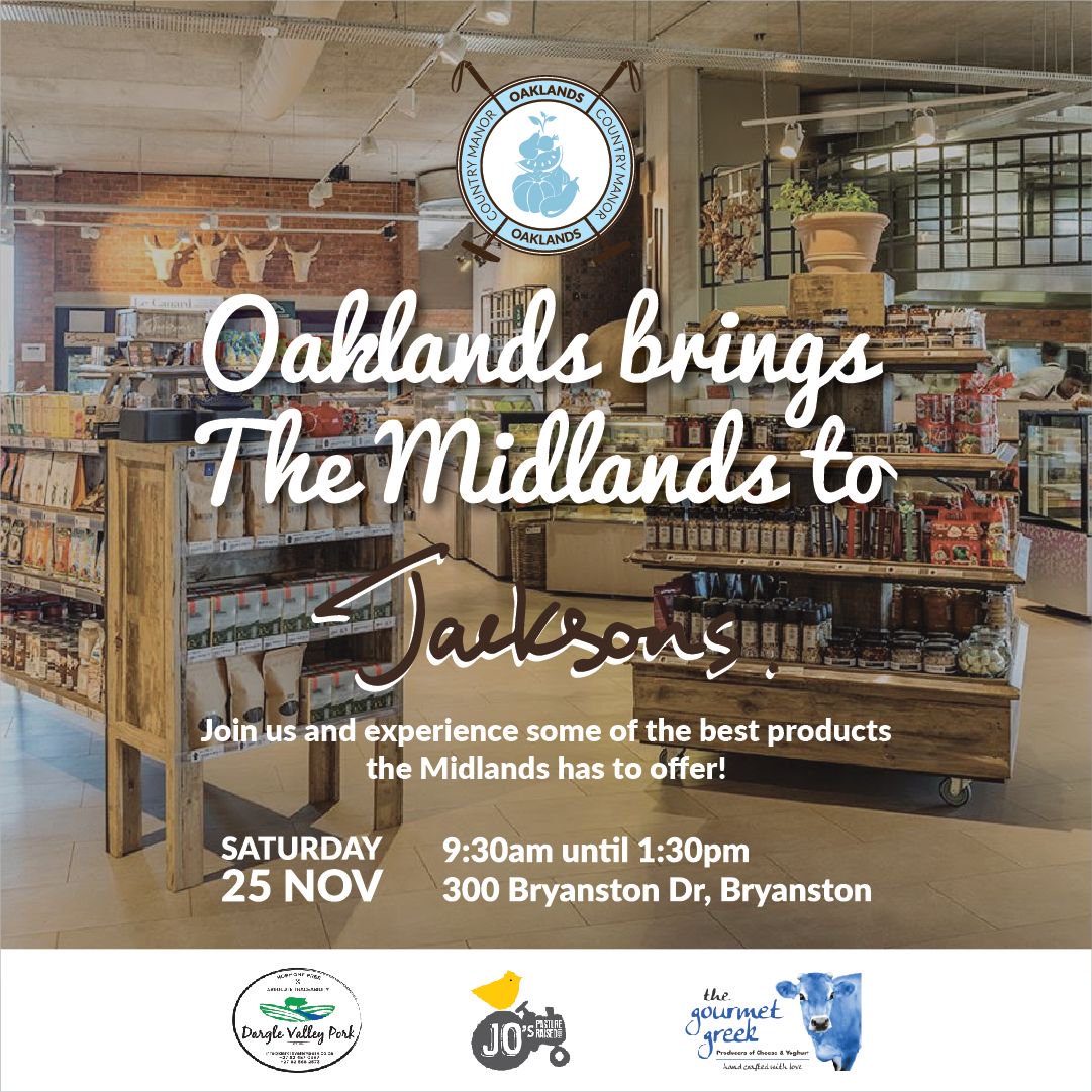 oaklandsZA's tweet photo. Join us and experience some of the best products the Midlands has to offer @jacksonsrealfoodmarket Bryanston this Saturday morning. Don't miss out!

#Oaklands#TheOaklandsWhey#JacksonsRealFood Market#TheGourmetGreek#Jo'sPastureRaisedFood#DargleValleyPork https://t.co/nVbcYleJvi