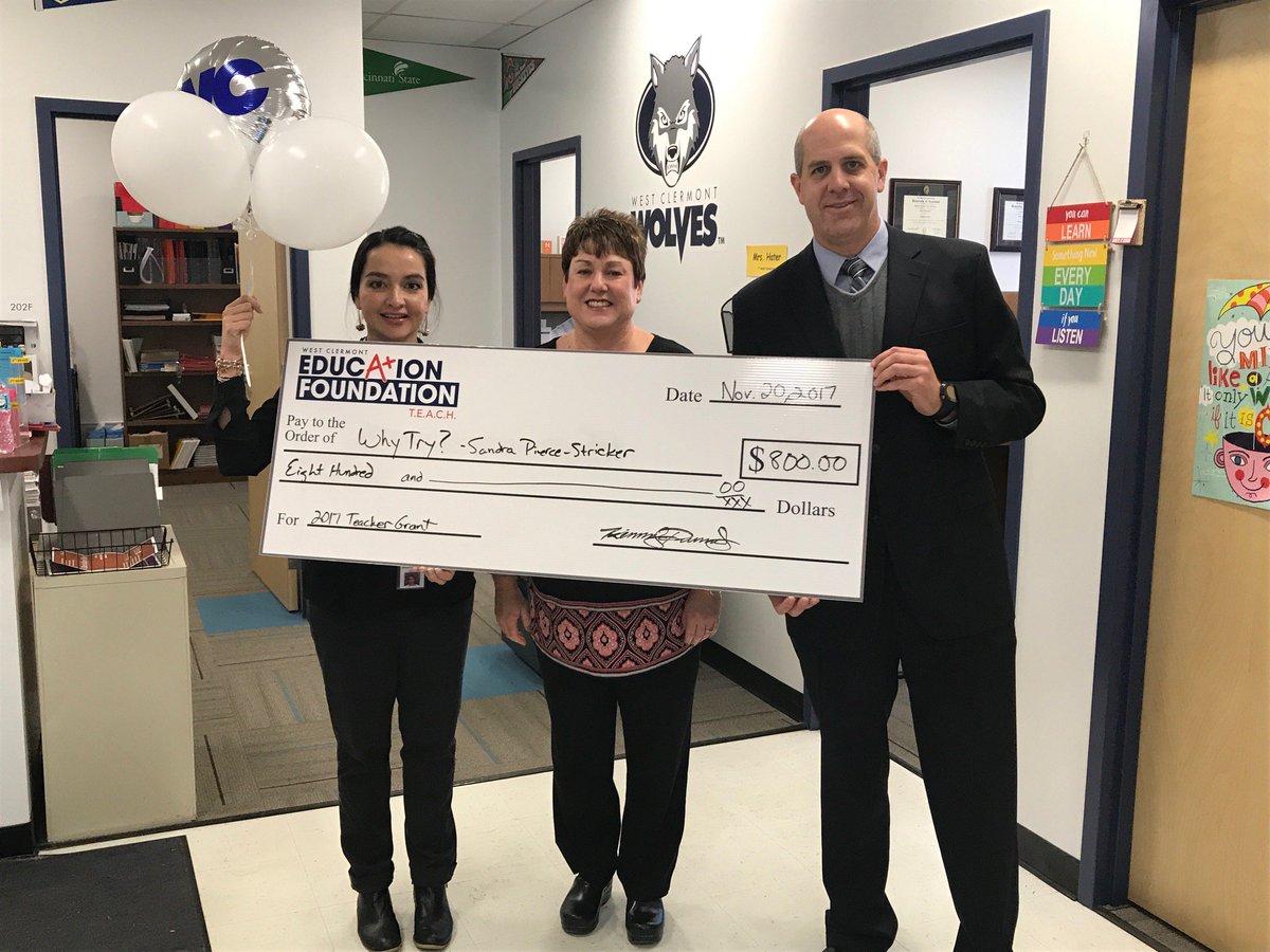 WestCler's tweet photo. The West Clermont Education Foundation presents a grant award to Ms. Sandra Pierce-Stricker of @WCMS_Wolves to support her Why Try program! #SupportTheDen https://t.co/5rYaZXqlAF