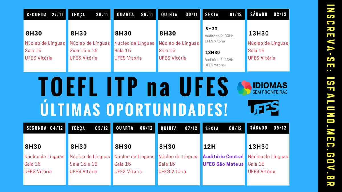 IsFufes's tweet photo. Tá precisando fazer o TOEFL ITP? No IsF você pode fazer de graça! Basta ser alunx ou servidorx da @ufesonline. Acesse https://t.co/D9MFwLTI4T e garanta sua vaga! https://t.co/oyuf6BfvBw