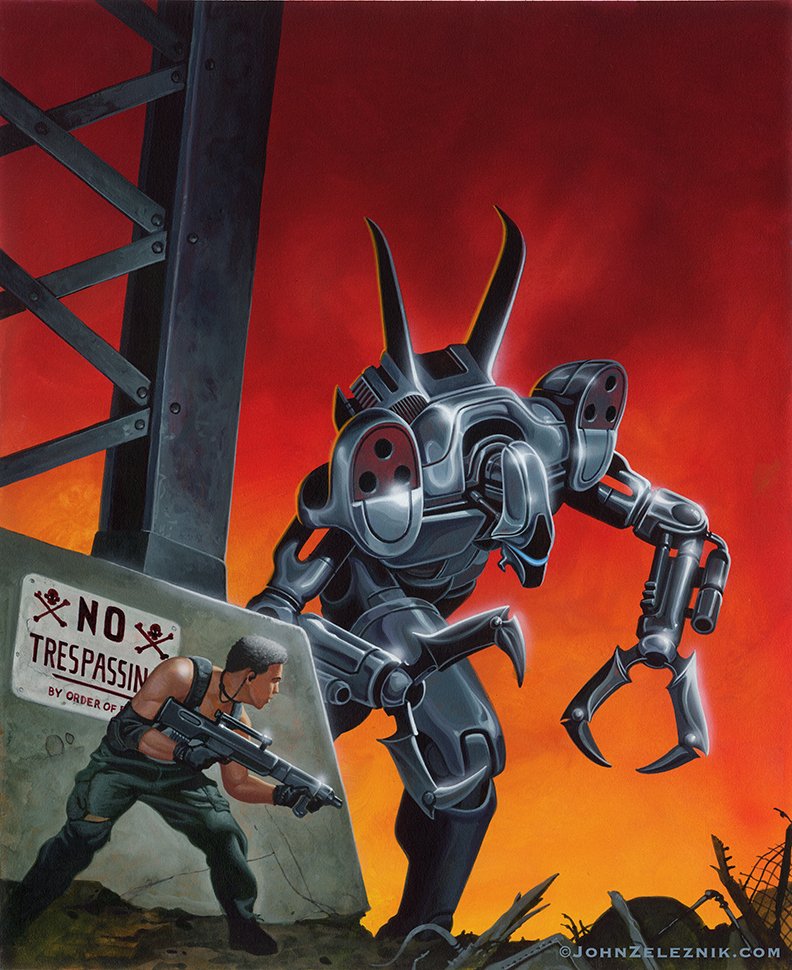 ZeleznikArt's tweet photo. GURPS Reign of Steel cover art (1996) Steve Jackson Games
14"x17β Acrylic on board
Available
#gurps #robots #scifi #coverart #battlescene #clawhands #orangesky #notresspassing #illustration #artforsale #originalpaintingforsale #acrylicpainting #mechart https://t.co/22Vkb85Xmh
