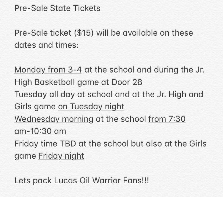 WoodlanBBall's tweet photo. Below times and location are listed that you can get a ticket for Saturdayโs State final game.
#PackLucasOil #GoBoysInBlue #GoWarriors
@woodlansports @woodlanfootball @ThePig_ns @JG_GregJones @WoodlanBall @WoodlanSoftball @WoodlanBASEBALL https://t.co/bJffJrZsyM