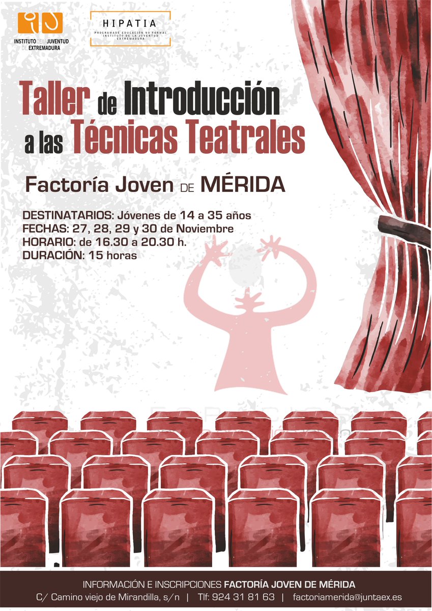 Si te gusta el teatro… ¡Estás de suerte! 
El <a href="/IJExtremadura/">IJEXtremadura</a>, en su <a href="/FJ_Merida/">FJ Merida</a>, organiza 4 sesiones gratuitas. 

¡Realiza tú inscripción!