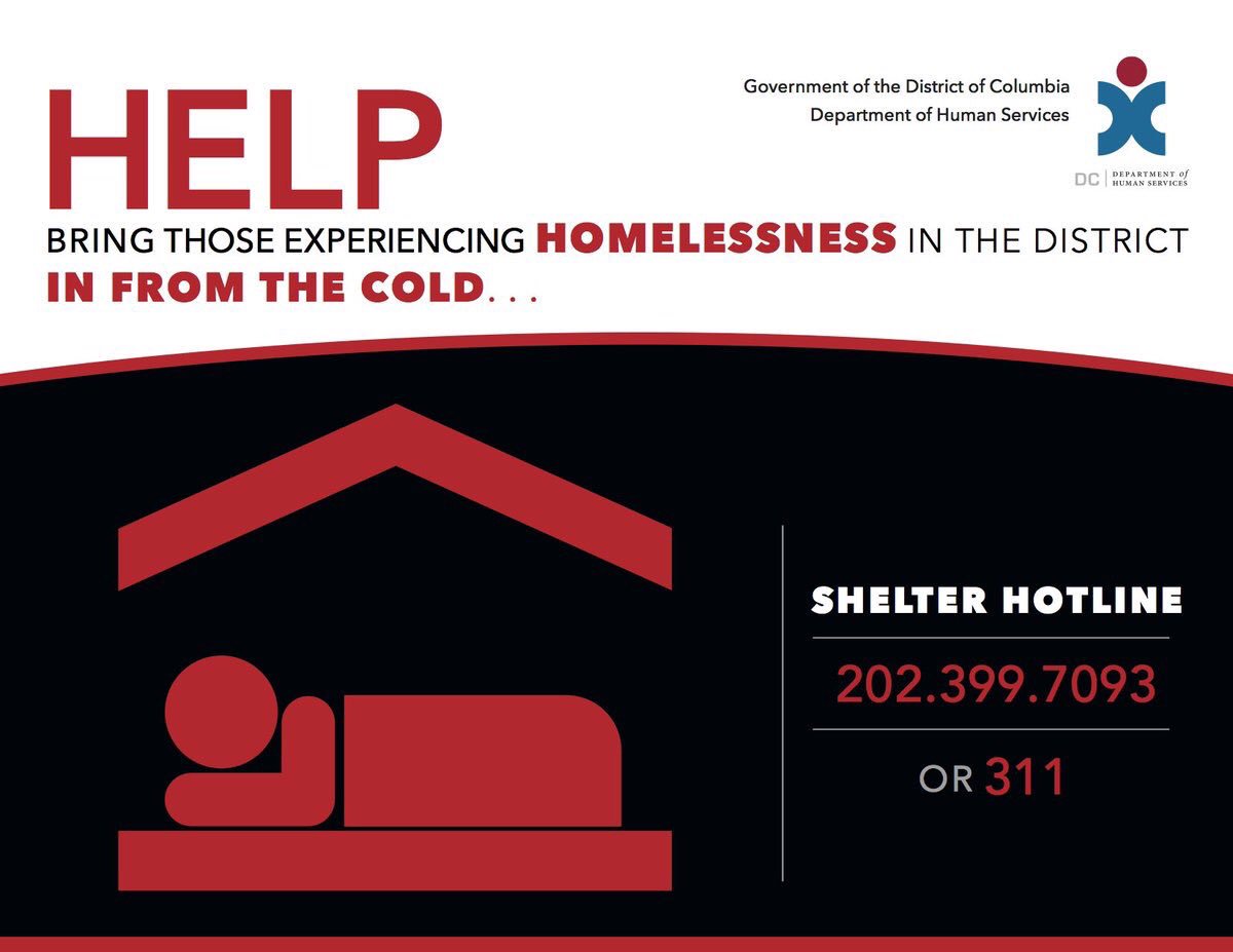 DCHumanServ's tweet photo. 11/20: The Hypothermia Alert will activate tonight @ 7 pm. If you see someone outside in the cold please call the shelter hotline or 311. https://t.co/5PzFRjJbJS
