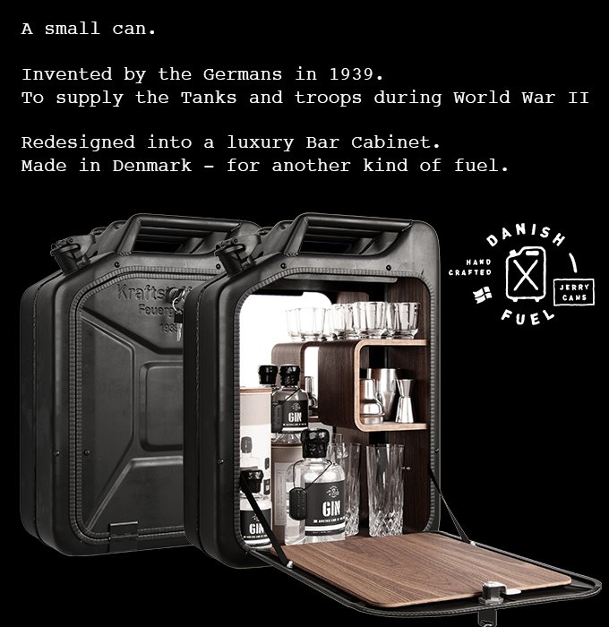 TheGadgetCrowd1's tweet photo. Inspired from World War II's Jerry Can - Danish Fuel Bar Cabinet is redesigned for another kind of fuel! https://t.co/SHZKWqkMiX #danishfuel #jerrycan #bar #baraccessory #design #Kickstarter https://t.co/GcZvp48Kyc