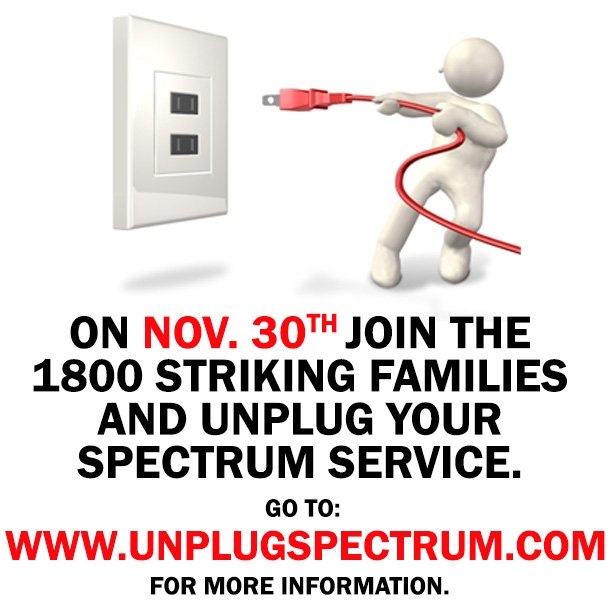 CarpentersNyc's tweet photo. We stand by our 1,800 #Union brothers and sisters from @IBEW Local 3 who have been on strike since March 2017. Spectrum has refused to negotiate with union members for a fair contract. Join us on Nov. 30th, and unplug your Spectrum service. #SpectrumStrike #UnionStrong #nyc1u https://t.co/uDbPJxwELo