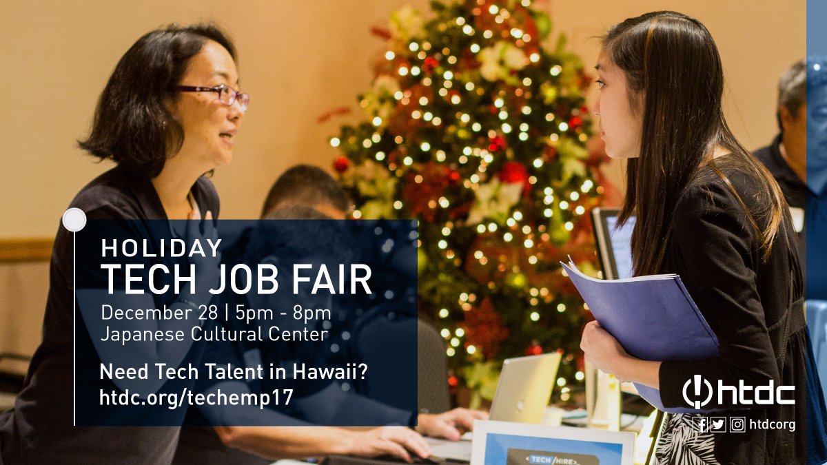 HTDCorg's tweet photo. Calling cutting-edge businesses looking to hire locally! Exhibit at @htdcorg’s Annual Holiday #TechJobFair17 or sponsor for even greater exposure to talented kama’aina jobseekers. For more info or to reserve space visit the link: https://t.co/1sNPSlWNny #startupparadise https://t.co/vRIrvV70aa