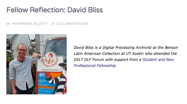 CLIRDLF's tweet image. #DLFforum Fellow David Bliss reflects on issues of contingent labor, digitization cost, and finding community while seeking solutions. 
#dlfvillage #DLFaig
diglib.org/archives/14834/