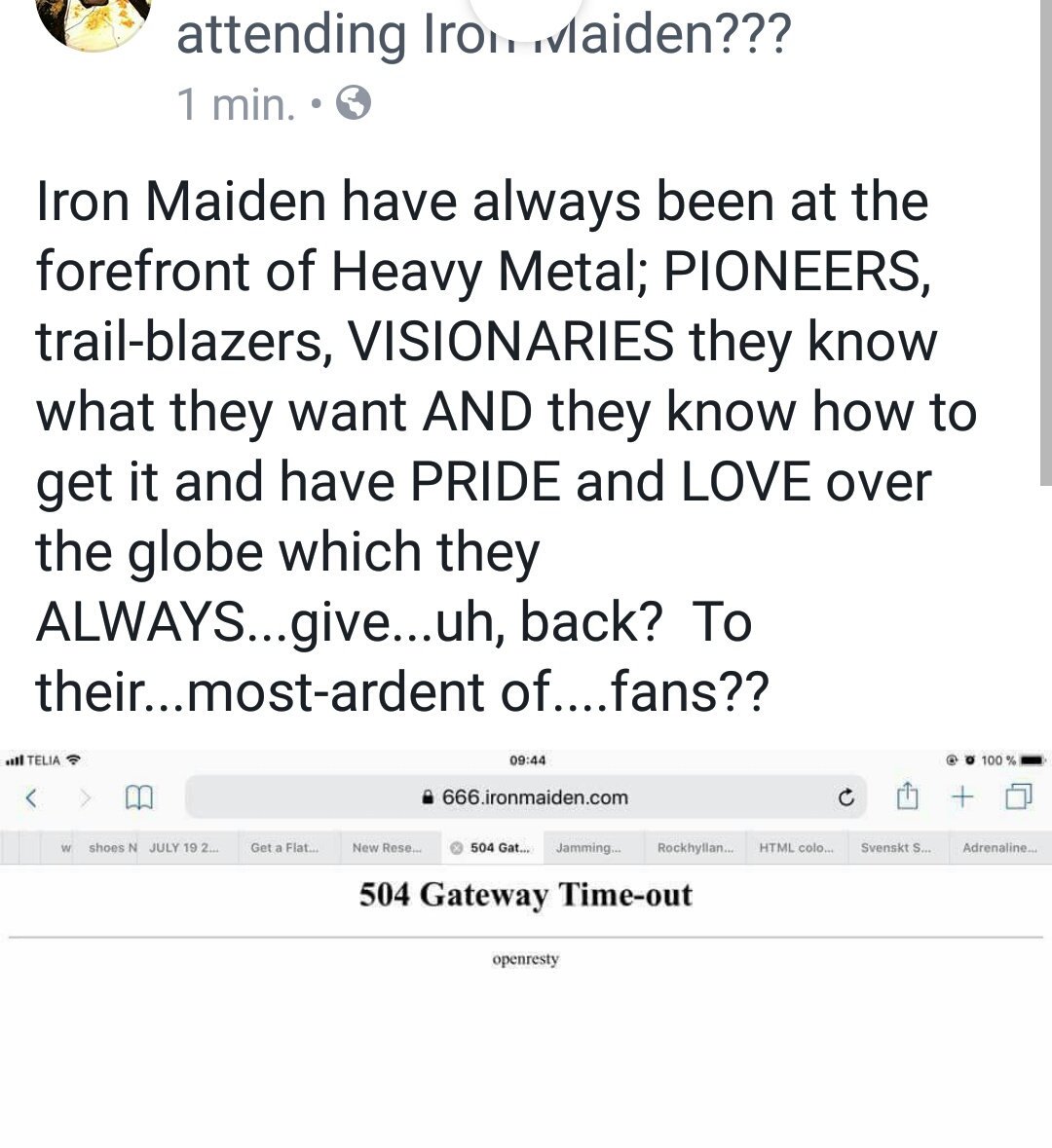 KhyphenManTMV's tweet photo. Hey @IronMaiden BEAUTIFUL day for @musicglue to try and update the website huh??  Missed my codes entirely because of this today.  Me and hundreds more of the FANCLUB FAMILY.  #uptheservers #uptheduff #LESSHAMUNITED #IRONWHAT #BSwalks #TECHNOLOGYISTHEDEVIL #hyphen @themetalvoice https://t.co/JUFGDb9fWk