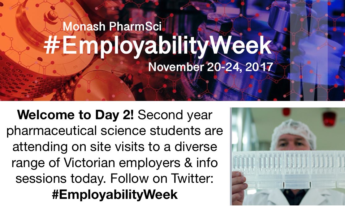 MMIC_Melb's tweet photo. Day 2: Follow the hashtag for updates &amp; employment tips to help students be job ready for the workforce of the future! 

We are proud to be a sponsor of Monash University Pharmaceutical Science #EmployabilityWeek 2017!

Learn more: https://t.co/Y82ogxrkFL
#biomed #pharma #medtech https://t.co/tlGpuTsik6