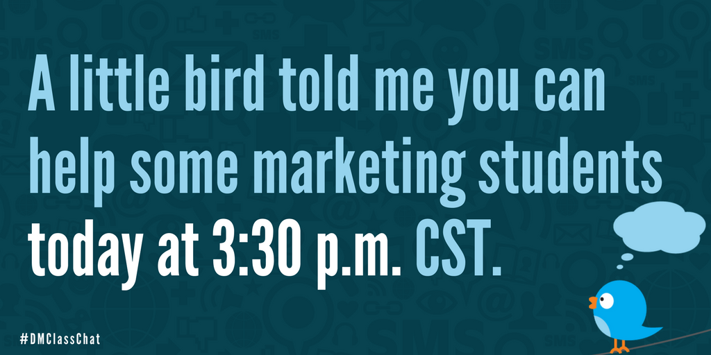 UWODigitalMktg's tweet photo. We want to hear your #marketing insights as we share ours. Join the @UWOshkoshCOB #DigitalMarketing class to see how our marketing students use @Twitter ! Follow at #DMClassChat. https://t.co/TejNwOYk3A