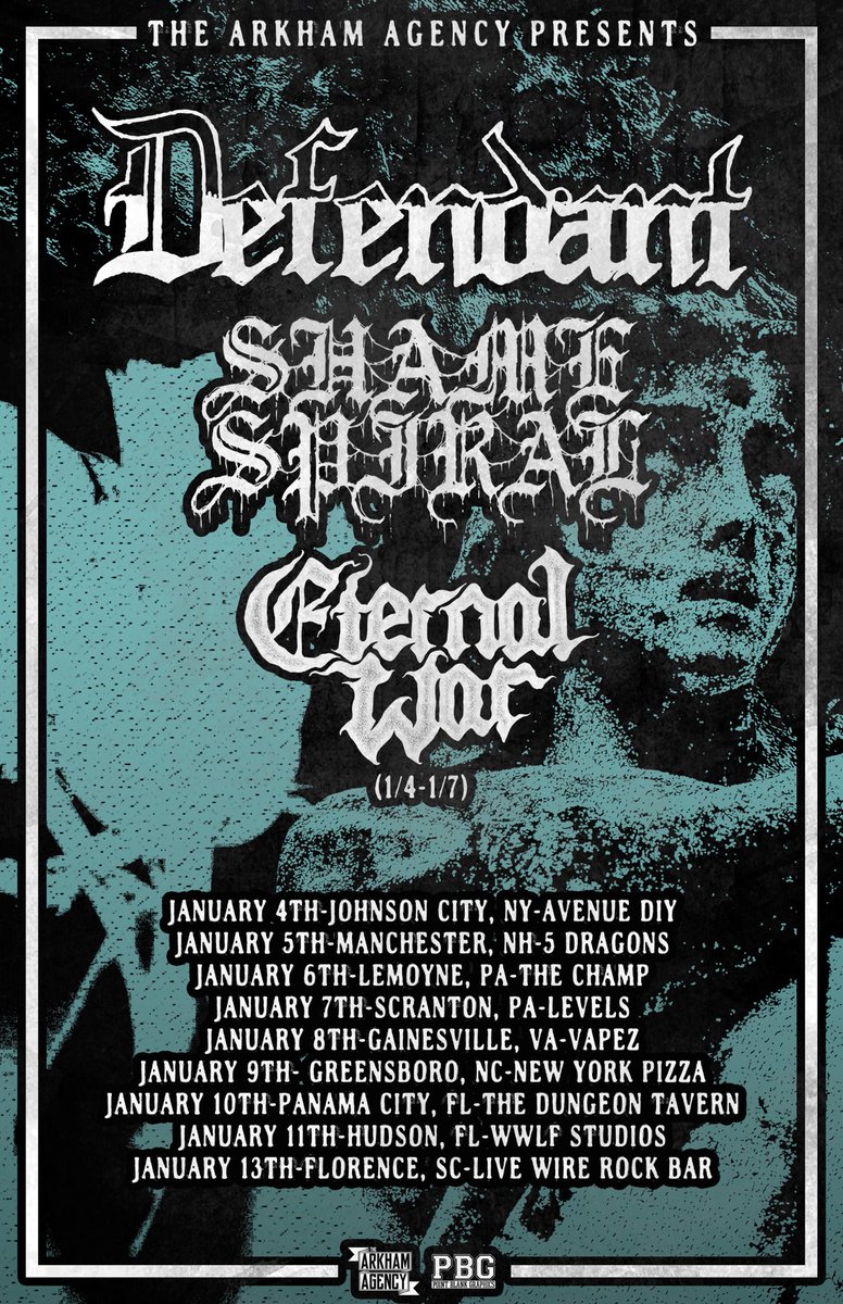 Excited to announce that we will be hitting the road in January with our friends in <a href="/DefendantHC/">Defendant</a> &amp; <a href="/EternalWar315/">Eternal War</a>. 

Huge shoutout to Joey at <a href="/thearkhamagency/">The Arkham Agency</a> for making this possible. 

See you soon.