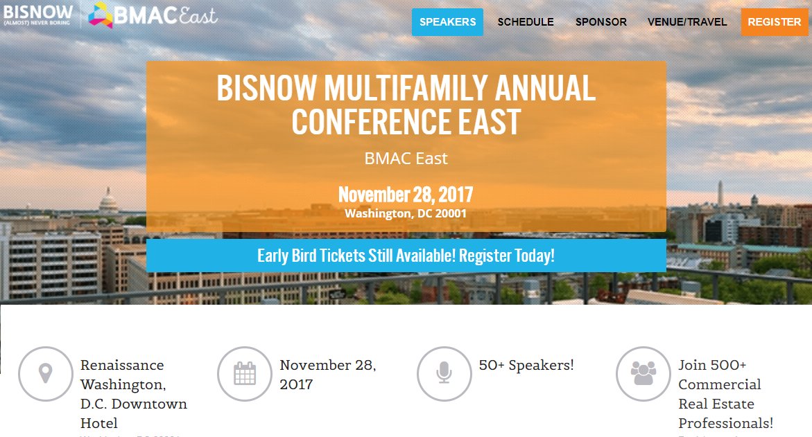 Over 500 #CRE professionals already signed up. Don't wait, register today! #BMACEast17 #Multifamily #FreddieMac #FannieMae bisnow.com/events/nationa…