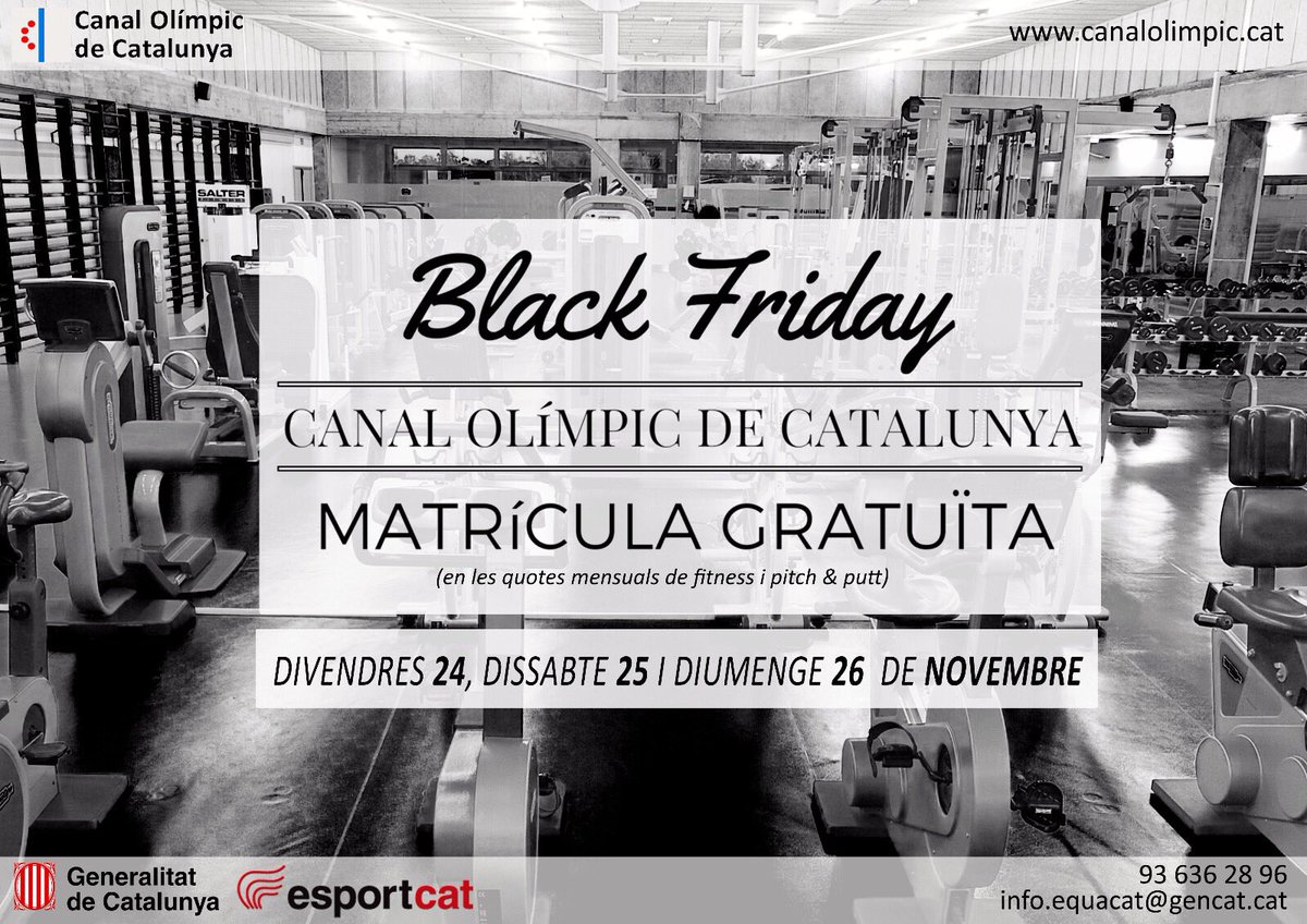 canalolimpiccat's tweet photo. BLACK FRIDAY 🖤
Aquest #divendres, #dissabte i #diumenge fes-te #abonat/#da del Canal Olímpic de Catalunya i no paguis #MATRÍCULA en les quotes mensuals de fitness 🏋🏽🚴🏼‍♀️ i pitch &amp; putt 🏌🏼‍♀️⛳️! 
#esportcat #canalolimpiccat #fitness https://t.co/kGEQf8CwWH