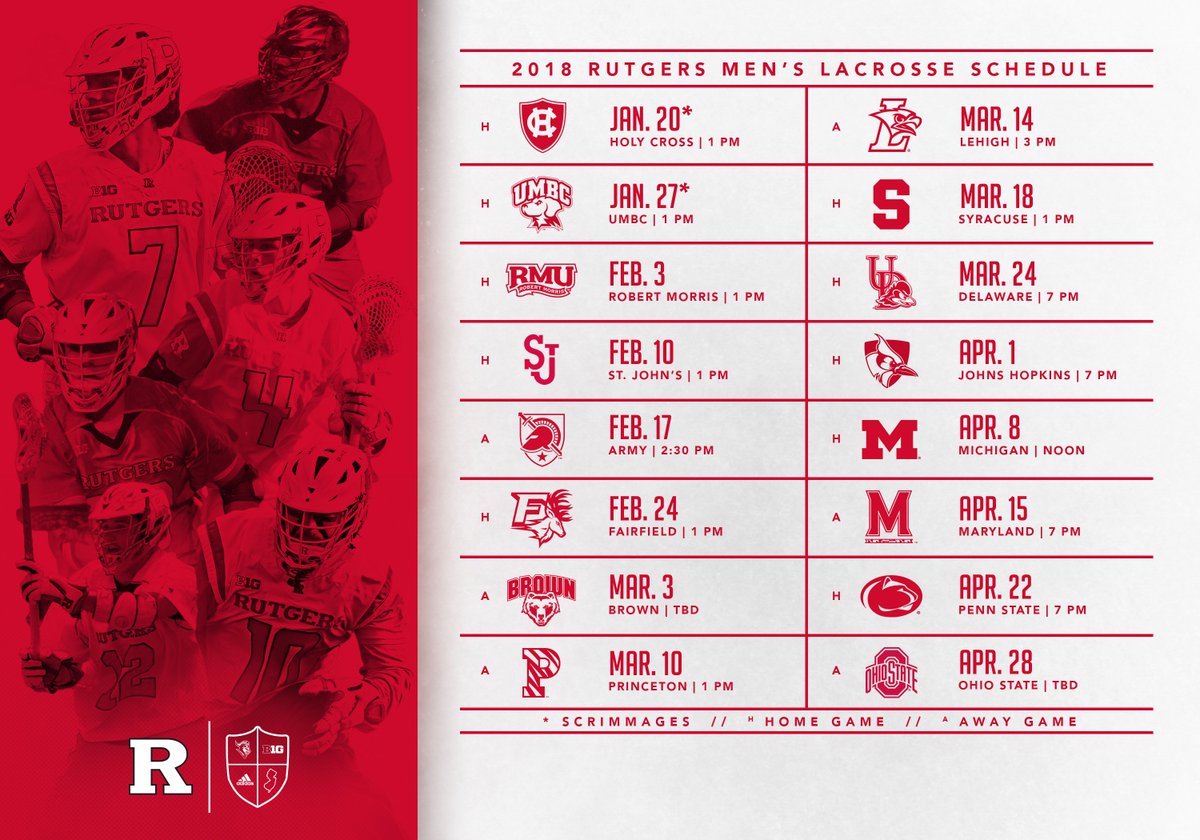 The 2018 schedule is out! #RUMLax will play a 14-game slate in 2018 that includes eight home games. The season begins February 3! 
Story: bit.ly/2jGdg0j