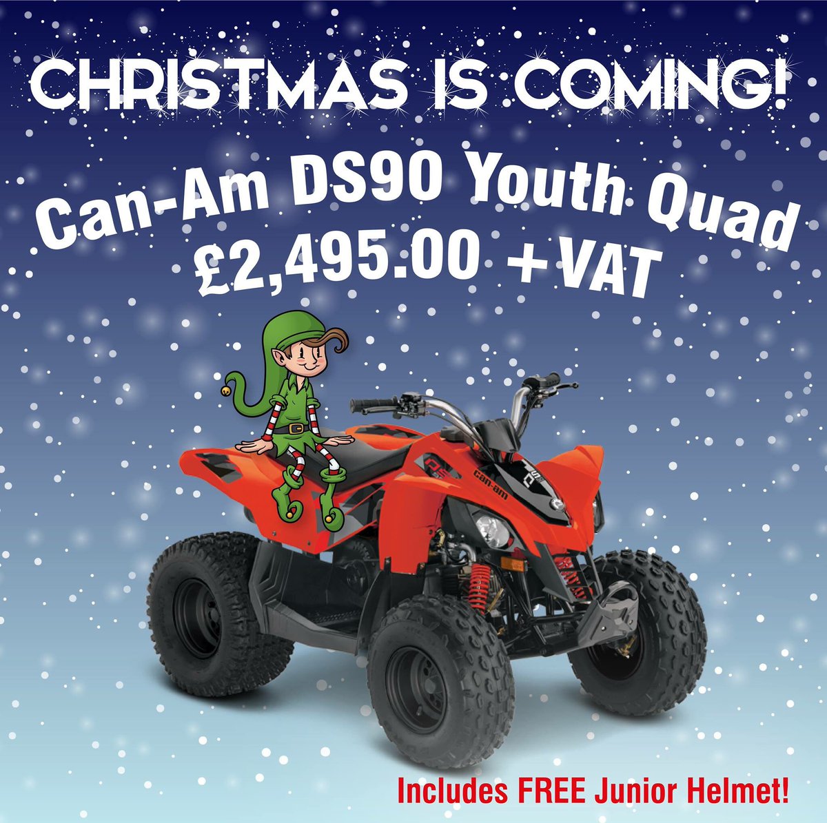 **CHRISTMAS IS COMING!** Available NOW! Can-Am DS90 Youth Quad, 89.5 cc, 4 Stroke Single Cylinder Engine, Full Auto CVT, Electric Start, 2 Year Warranty, For ages 10+! £2,495 + VAT *Includes FREE Can-Am Junior Helmet!* Call Jack Thomson for info: 01233 714123 #ChristmasShopping
