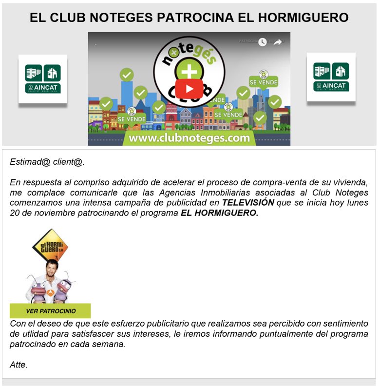 AincatStBoi's tweet photo. A/p de esta noche, todos los asociados al Club Noteges patrocinamos el programa del Hormiguero. 🐜🐜
Aincat se siente contenta de ofrecer otro medio más para ayudar a todos nuestros propietarios a vender.
#SoyAincat #ClubNoteges #ElHormiguero #TrancasYBarrancas #PabloMotos https://t.co/pcECfN4OuF
