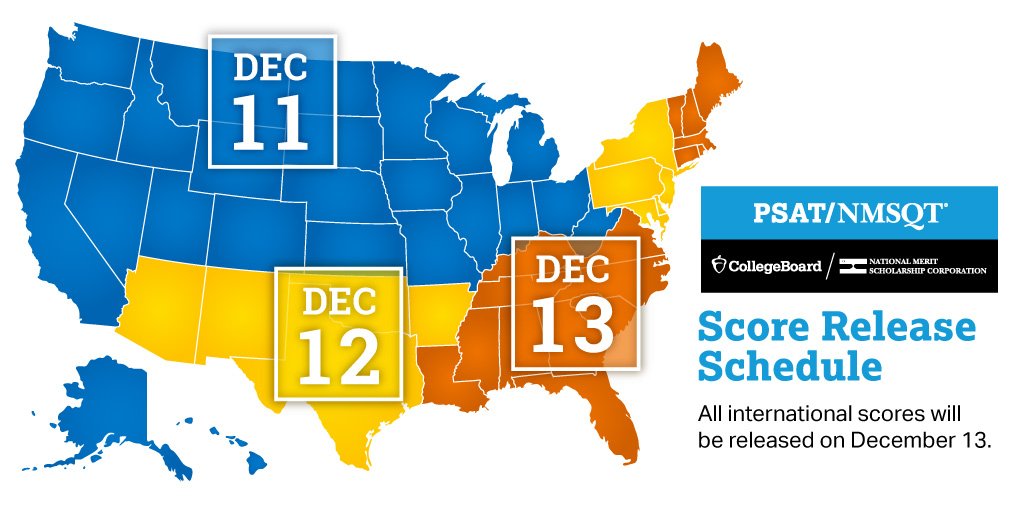 CollegeBoard's tweet photo. You’ll receive your #PSAT/NMSQT scores December 11, 12, or 13, depending on the state from which you’re accessing your online score report. https://t.co/NNtjoomBUd https://t.co/l6wk2lqleV