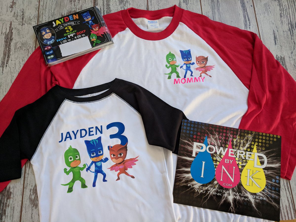 Powered_By_INK's tweet photo. Birthday shirts for parents and child. We also printed matching invitations. #pjmasks #poweredbyink #teezurway #customtees #birthdayboy #shopsmall https://t.co/q5BsbPh1is