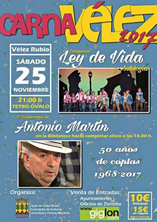 Carnavaladictos's tweet image. Este Sábado 25 Noviembre
21 horas
La Comparsa de Antonio Martín y su Antología en Vélez Rubio (Almeria)
Entradas en giglon.com/todos?idEvent=…
Organiza @CarnaVelez
