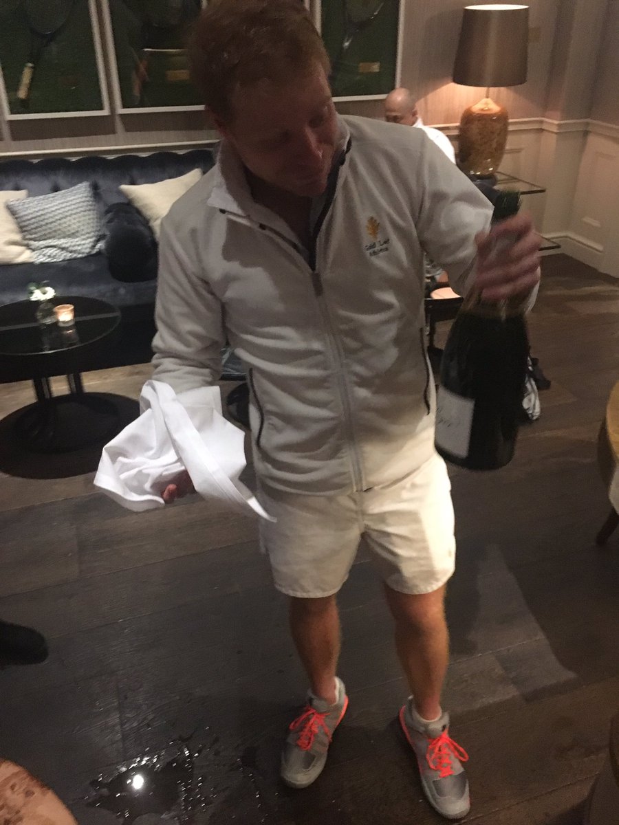 irtpa_official's tweet photo. There almost wasn't a #2017BritOpen Doubles Final as @csriviere shows his first loss of control of the evening. @Pol_Roger cork went perilously close to his eye. We thought with your many victories you might be used to that challenge?! #spillage #dommage #champagne @TheQueensClub https://t.co/2eFladcx3A