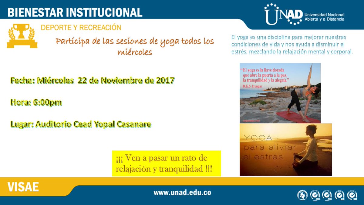 unadceadyopal's tweet photo. @UniversidadUNAD  #Yopal #Casanare invita a participar en las sesión  de YOGA el miércoles a las 6:00pm. Cordialmente invitados y es gratis. Acompañanos. https://t.co/ohkzZHSljv
