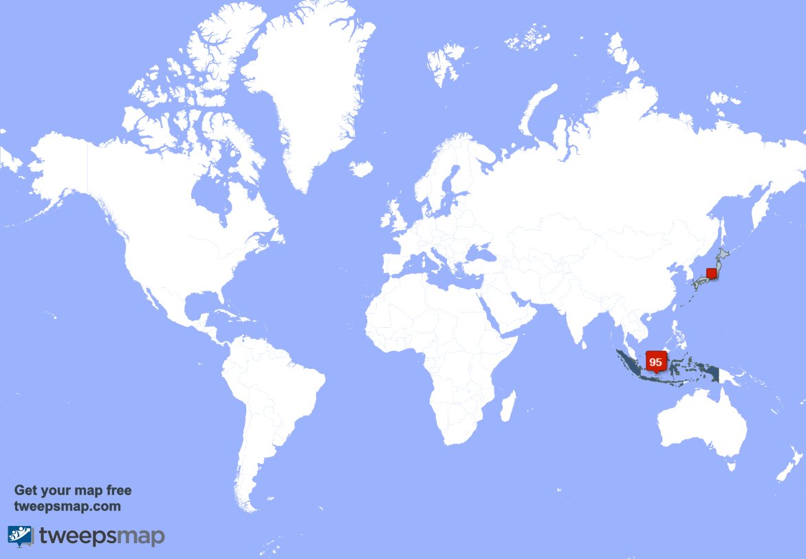EndryS3's tweet photo. My followers live in Indonesia (91%), Japan(4%)... Get your free map: https://t.co/UJkbuZoLY3 https://t.co/U8Yj1J4XSk