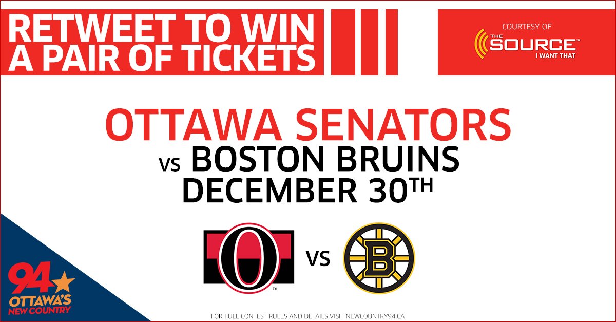 RETWEET + FOLLOW for your chance to win a pair of tickets to see the <a href="/Senators/">Ottawa Senators</a> take on the <a href="/NHLBruins/">Boston Bruins</a> Saturday, December 30th courtesy of the Source, the place for "I Want That"