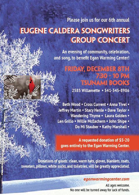 Help us spread the word about this great benefit concert put on by Caldera Songwriters Group! 100% of donations go straight to Egan Warming Center. Donations of clean, warm hats, gloves, blankets, socks and the like will also be accepted. #tsunamibooks