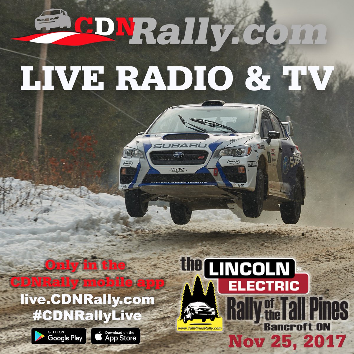 CanadianRally's tweet image. #CDNRallyLive is back and bigger than ever for the @LincolnElectric @tallpinesrally this Saturday! The CDNRally mobile app is home to nearly 7 hours of live reports throughout the day, along with live GPS maps &amp;amp; scores. Full details: cdnrally.com/news/cdnrallyl…