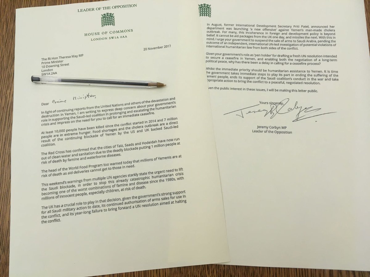 jeremycorbyn's tweet photo. Today I wrote to @Theresa_May demanding that her Government acts to end the conflict in Yemen.

There must be an immediate ceasefire through the UN to enable the negotiation of a long-term political peace.
  https://t.co/r5e2QlJJCi https://t.co/yrcIyTR3Gw