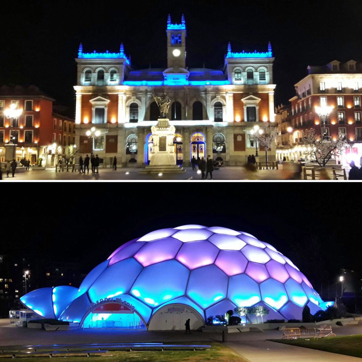 AyuntamientoVLL's tweet photo. Esta noche la fachada principal @AyuntamientoVLL está iluminada de AZUL por celebración del #DiaUniversalDelNino y de acuerdo con @UNICEF; mientras que la #CúpulaDelMilenio está iluminada de AZUL, BLANCO y ROSA por #DíaInternacionalDeLaMemoriaTrans a petición de @ATC_Rainbow https://t.co/f066FOdbY5
