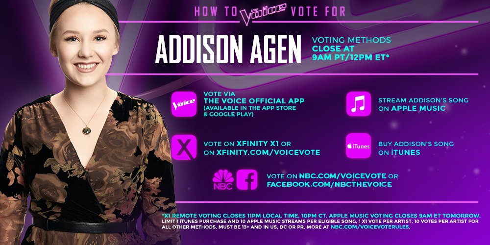 NBCTheVoice's tweet photo. RT if you’re holding back the tears and giving @AddisonAgen ALL your votes tonight. 😍 #VoiceTop12 https://t.co/dRcr2CYEbr