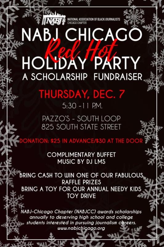 maudlynei's tweet photo. It's almost here! Mark your calendars!
@NABJCC presents its 2017 #RedHotHolidayParty #ScholarshipFundraiser!
#DEC7 5:30-11PM @#Pazzos 825 S. State St #SouthLoop
Come toast the holidays! Mix & Mingle w/#Chicago #journalists! All 4 a good cause! https://t.co/DwpGFUvdQk