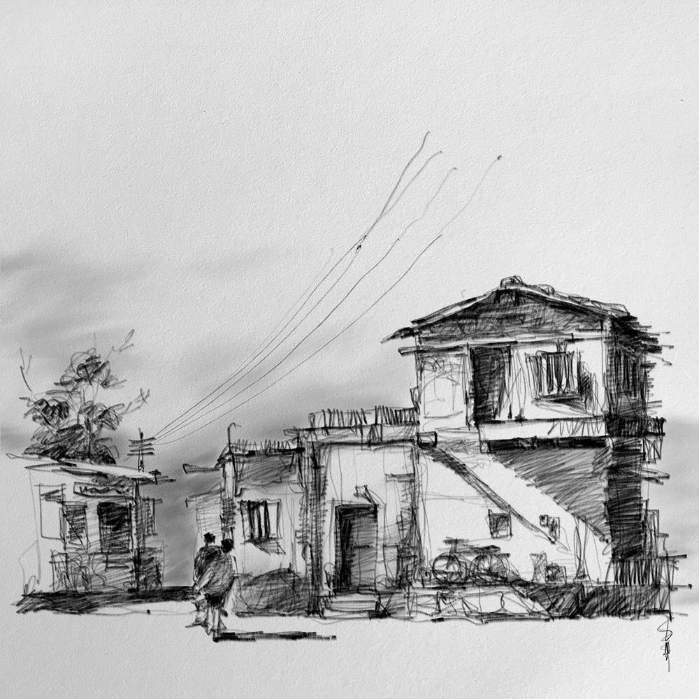 Old house - cabin pencil sketch. Home, village country house