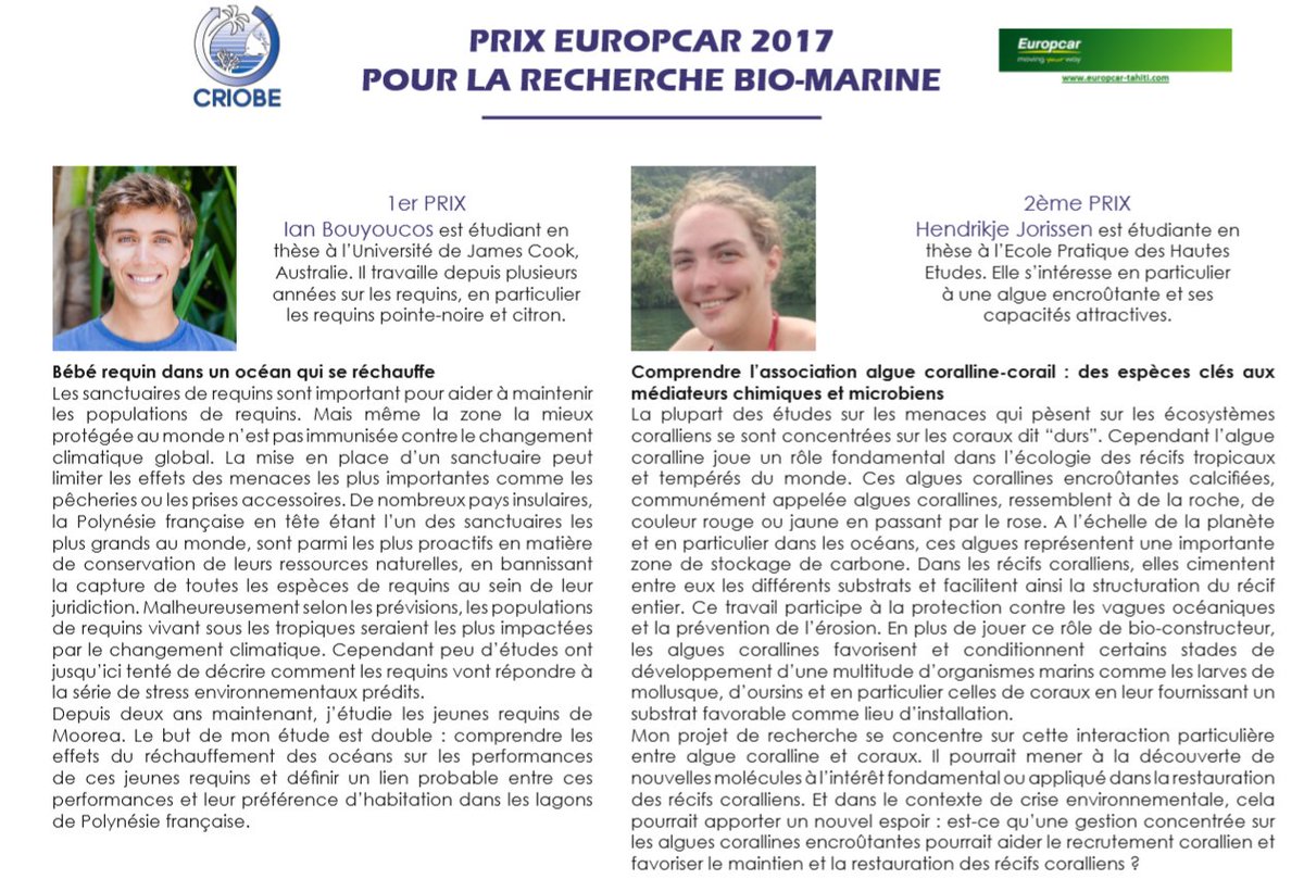 criobe_pf's tweet photo. Les laureats du Prix EUROPCAR 2017 pour la Recherche Bio-Marine : Hendrikje Jorissen et Ian @Bouyoucos Féliciations à eux et rdv samedi prochain, amphi du @criobe_pf pour la remise des prix! https://t.co/BDLtTysYWC