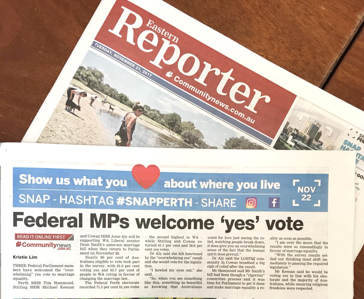 DeanSmithWA's tweet photo. WA had a clean sweep in the postal survey: 16 out of 16 seats. I’m glad parliamentarians, including my friend and colleague Michael Keenan, will ensure we hold up our end of the bargain and legislate for #marriageequality while protecting religious views about marriage. https://t.co/RALwk3REWj
