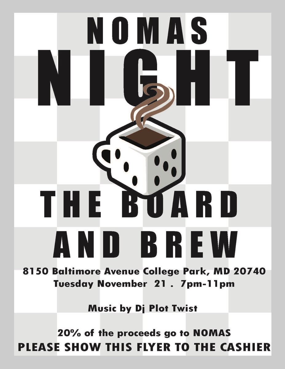 nomasumd's tweet photo. Come support tomorrow night, 7-11 PM 
There will be Food, Drinks, Games, and a live DJ. 
Bring or show this flyer and we will get 20% of the proceeds.  
#GoingIntoThanksgivingRight #NOMASNight https://t.co/wKEbqUhxs2