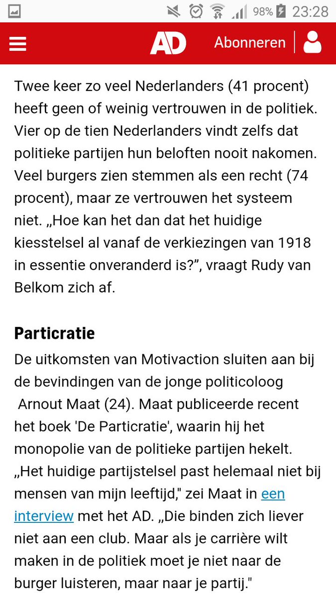 Helft jongeren wil nieuw kiesstelsel: ad.nl/politiek/helft…. Nu ook aantoonbaar dat partijpolitieke stelsel onder druk staat.