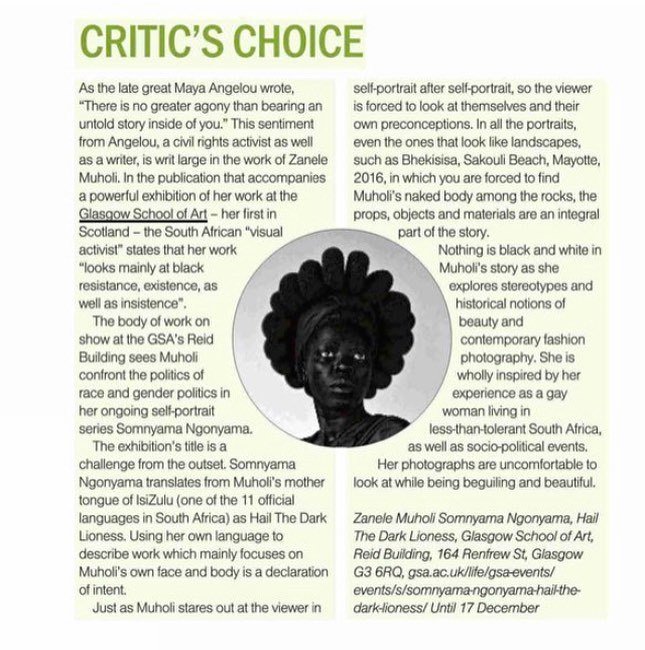 JanPatience's tweet photo. My Critic’s Choice in The Herald on Saturday was @muholizanele Somnyama Ngonyama, Hail the Dark Lioness @glasgowschoolart Reid Building #glasgow #art @autographabp #visualactivism https://t.co/YEd2Ylxgv6 https://t.co/bYoRIrG9S6