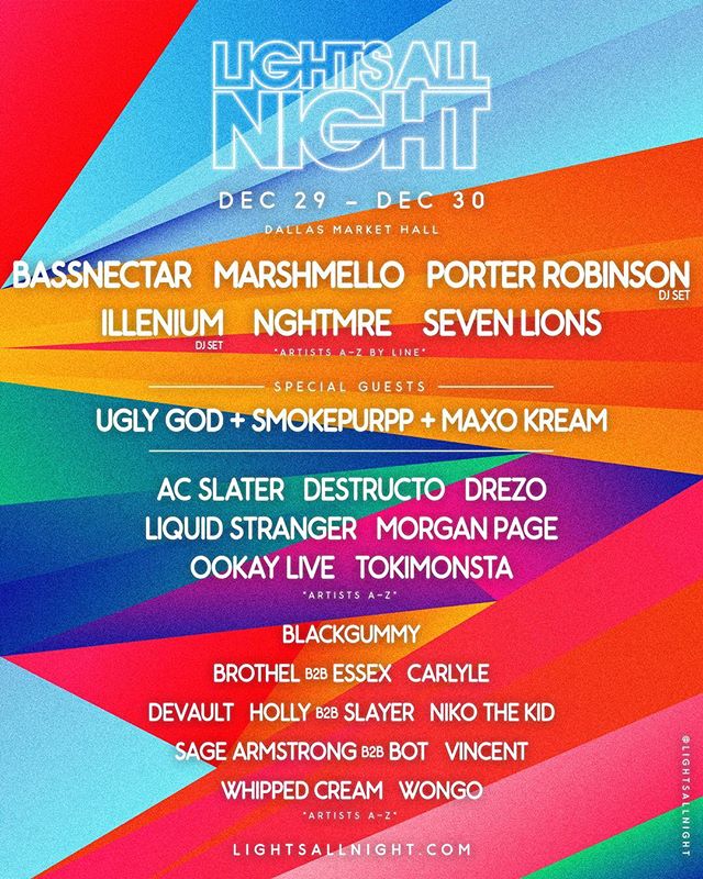 iheartraving's tweet photo. WOW! That's a loaded line up for @lightsallnight Who do you want to see the most? @bassnectar @SevenLionsMusic @marshmellomusic #lightsallnight #dallasrave #nyedallas #nye2018 https://t.co/pi93O3nyeJ
