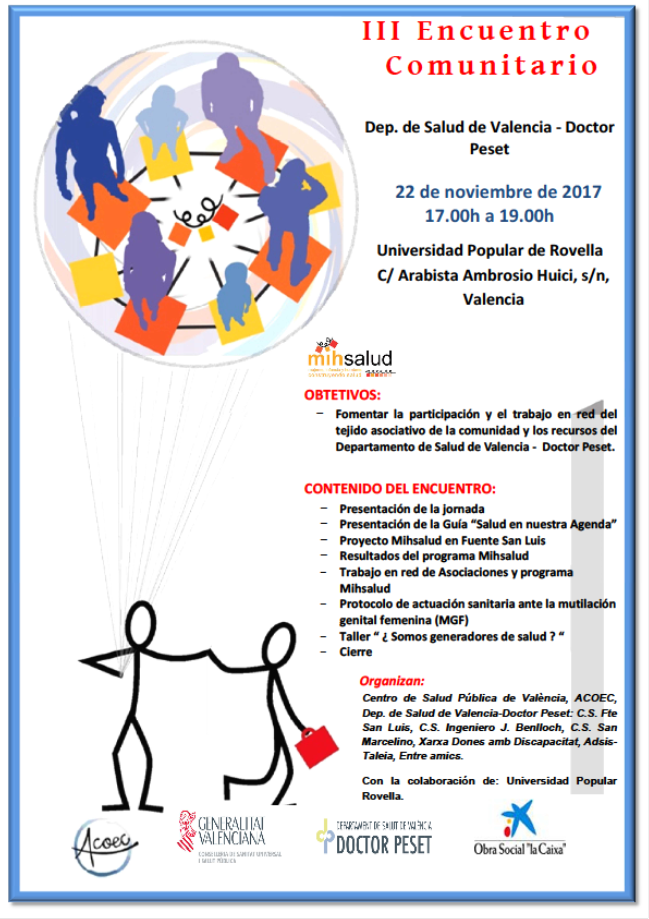 lilicastror's tweet photo. 22 noviembre a las 17hs Universidad Popular Rovella 3er. #EncuentroInterasociativo Asociaciones , recursos y profesionales de la salud trabajando por #GenerarSalud en @GVADrPeset #Programa #MihSalud @AcoecOngd Centro de Salud Pública de Valencia @FundlaCaixa https://t.co/LlYyLWOLnJ
