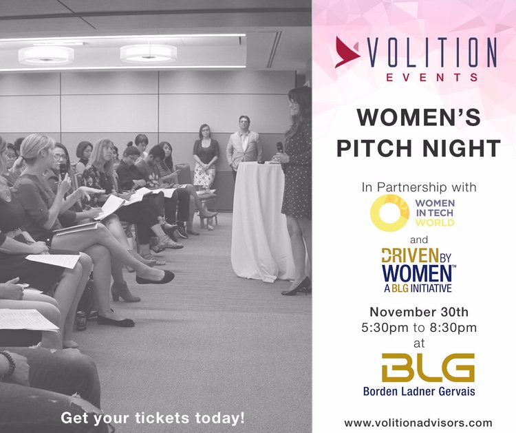 thisisvolition's tweet photo. Are you a woman entrepreneur looking to practice your pitch? Interested in attending a pitch event as an audience member? Women's #PitchNight, in partnership with @WinTechWorld @VANTEC_Networks &amp; Driven by Women, is on Nov. 30 @BLGLaw! Tickets at https://t.co/EZmyK3daPt https://t.co/cnkLNmS4CS