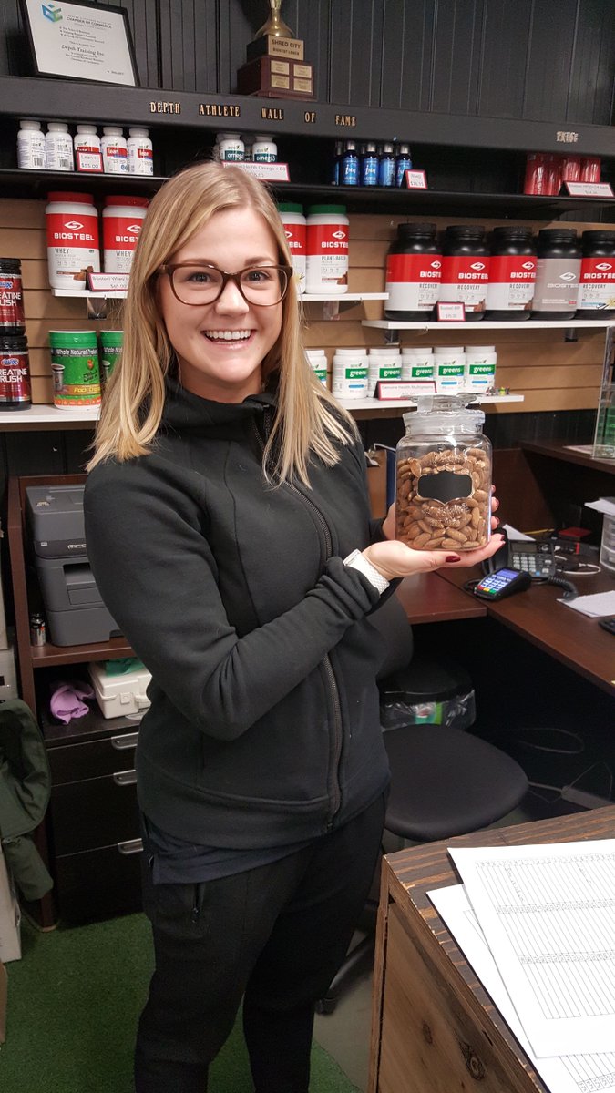 depthtraining's tweet photo. #MovemberMadness Guess how many almonds Sam’s got in the jar and you could win a $150 Freshii gift card! $2/guess or 6 for $10! https://t.co/xvFwJIArhC