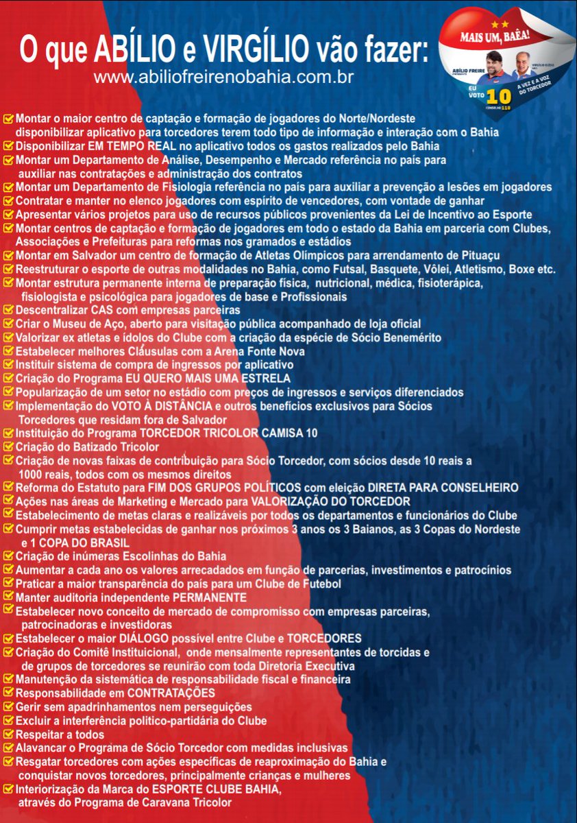 Mais1baea's tweet photo. VEJAM O QUE ABÍLIO E VIRGÍLIO VÃO FAZER NO BAHIA! 
Plano de Gestão integral no https://t.co/40vzJ5d1sF
DEIXE O CORAÇÃO VENCER O MEDO!
VOTE 10 PARA PRESIDENTE E VICE PRESIDENTE!
VOTE 110 PARA CONSELHEIROS!
JUNTOS SOMOS MAIS FORTES!

#MaisUmBaêa #MUB #ECBahia #JuntosSomosMaisFortes https://t.co/cgJR16UXZW