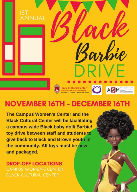 CWC_UW's tweet photo. The CWC and the BCC are hosting a Black Barbie Drive through December 16th! https://t.co/PXhl11CkEU