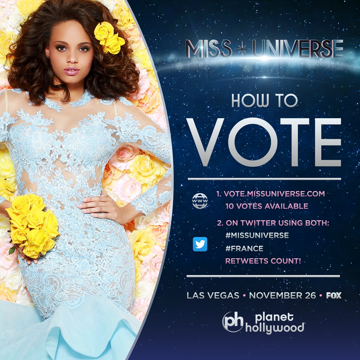 MissUniverse's tweet photo. Voting for #MissUniverse is officially OPEN. RT to vote for Miss Universe #France! 

Watch her LIVE: Sunday Nov. 26 at 7PM on @FOXTV. https://t.co/olRfWf0YLx
