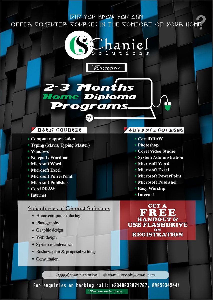 Chanielsolution's tweet photo. Are you in Port Harcourt?
Not a computer literate?
Get a home (private) teacher today and become a computer literate in 1-2 months in the comfort of your home.
Call 08033871767 or 09059345441 for inquiries or booking.
#Computer
#PortHarcourt
#ChanielSolution
#ServingUnderGrace https://t.co/0HBxTg3d6y