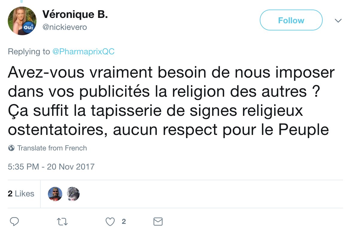 PabloJinko's tweet photo. Le #CommentaireDuJour est présenté par: Véronique, qui dénonce le manque de respect de Pharmaprix "pour le Peuple".
#Quebec #Diversité https://t.co/uR8Z9zMiAA