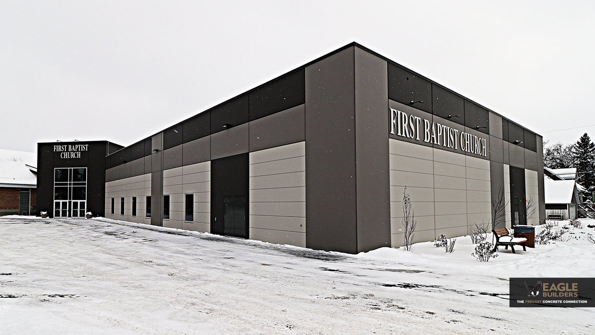 EagleBuildersLP's tweet photo. First Baptist Church in Ponoka looks great! By using simple reveal lines it really enhances the buildings aesthetics. #precast #concrete #design #architecture #buildings #Alberta #Canada https://t.co/KDvVIlksjD